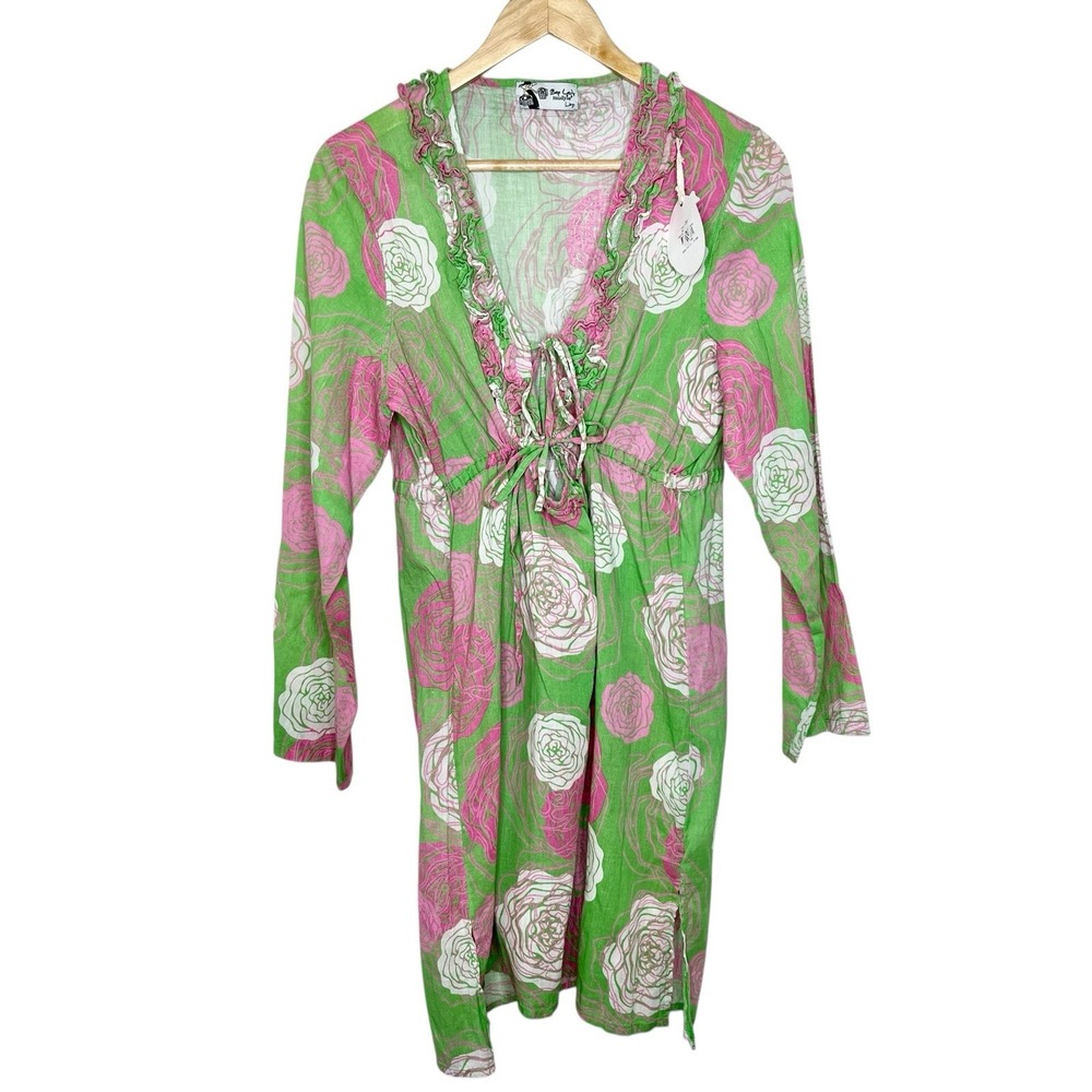 Mudpie Y2K Floral Babydoll Linen Dress Green Pink Womens Size L Resort Vacation